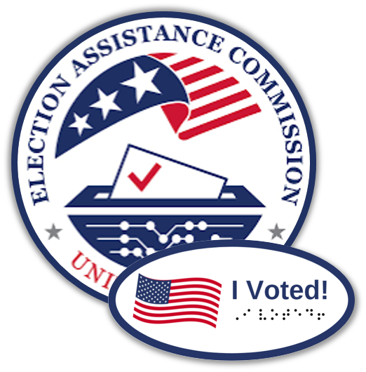 U.S. Election Assistance Commission's official seal. An “I Voted!” sticker that includes Braille covers part of the seal.
